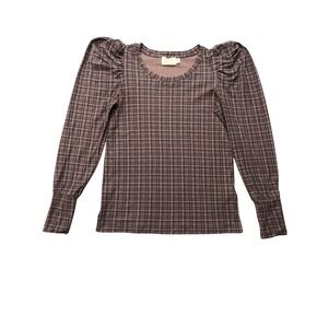 Nation LTD Womens XS Brown Plaid Pima Cotton Puff Sleeve Crew Neck Top